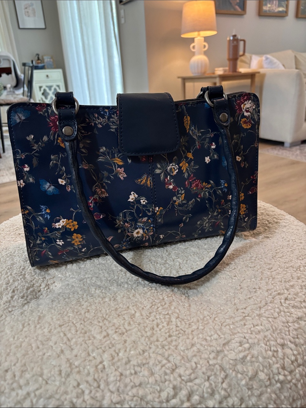 Patricia Nash Rienzo Italian butterfly garden blue Leather Satchel Floral purse